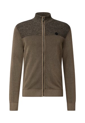 Giacca zip-up marrone con texture a coste, caratterizzata da una parte superiore in un marrone scuro uniforme. Collo alto e logo nella zona sinistra del petto.