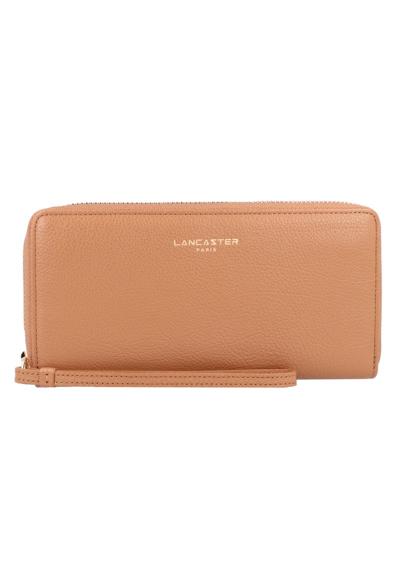 Tan leather wallet with textured finish, gold logo "LANCASTER PARIS" on the front, zip closure, and wrist strap.