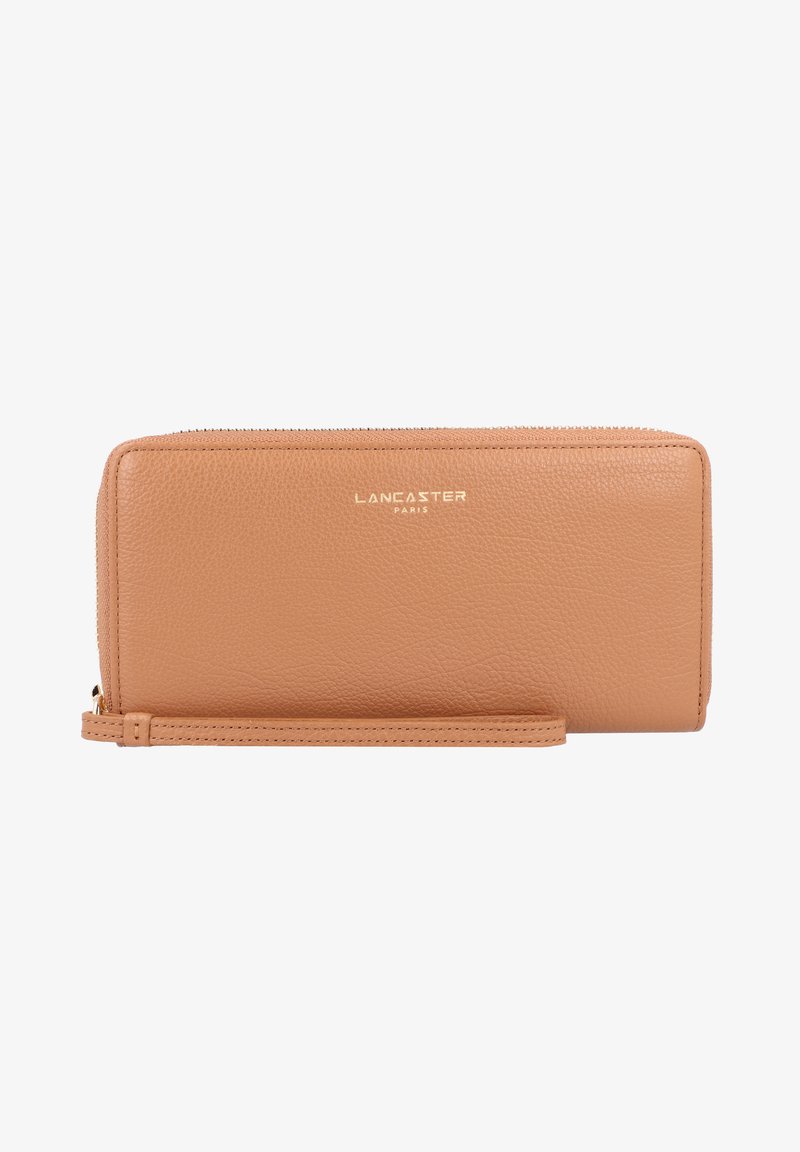 Tan leather wallet with textured finish, gold logo "LANCASTER PARIS" on the front, zip closure, and wrist strap.