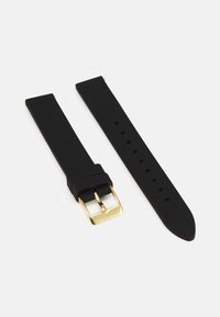 Schwarzes Silikon-Uhrenarmband mit einer goldenen Metallschnalle, das über mehrere Einstelllöcher und eine glatte Textur verfügt.