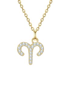 Gold necklace with an Aries symbol pendant, adorned with clear gemstones, featuring a delicate chain with round links.