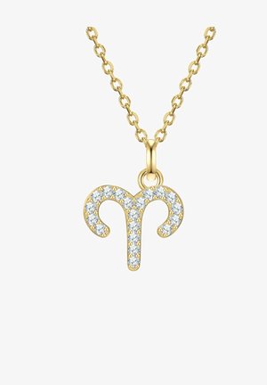 Gold necklace with an Aries symbol pendant, adorned with clear gemstones, featuring a delicate chain with round links.