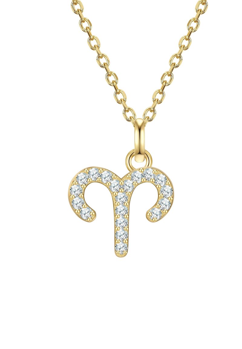 Gold necklace with an Aries symbol pendant, adorned with clear gemstones, featuring a delicate chain with round links.