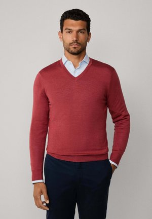 Uomo che indossa un maglione rosso a V sopra una camicia a righe leggera blu, abbinato a pantaloni scuri blu navy, in piedi contro uno sfondo semplice.