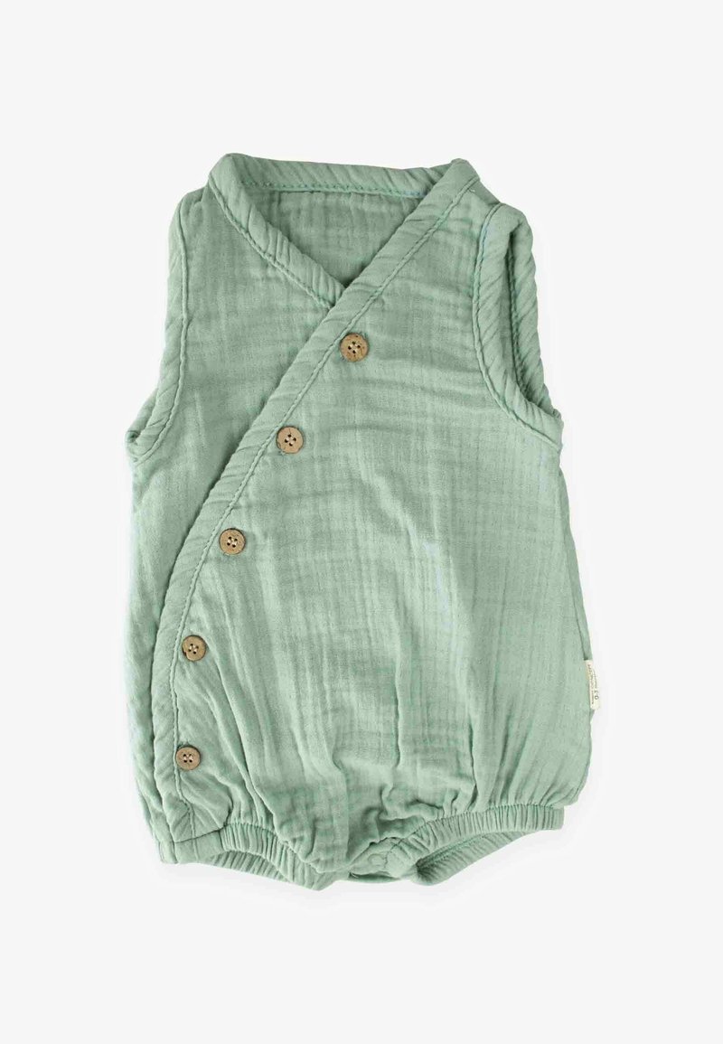 Svijetlozeleni pamučni romper s preklopom na v-izrez, bez rukava, drvenim gumbima i naboranom elastikom na nogavicama.