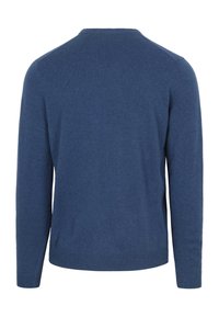 Blauwe trui, lange mouwen, ronde hals, gemaakt van zachte stof met een gladde textuur. Heeft een geribde zoom en manchetten, geen patronen of accenten.