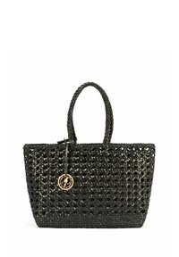 Czarna wpleciona torba typu tote wykonana z materiału syntetycznego, z dwoma uchwytami i złotym akcentem logo. Prostokątny kształt z otwartym topem.