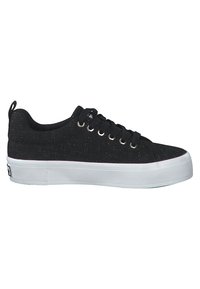 Black canvas sneaker featuring a textured upper, white rubber sole, and round laces with metal eyelets. Subtle shimmer throughout material.