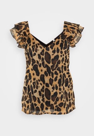 Haut à imprimé léopard avec de courtes manches volantées, décolleté en V, et un tissu semi-transparent et léger dans des tons beige et marron.