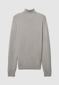 Light gray turtleneck sweater, ribbed collar and cuffs, long sleeves, soft knit texture, seamless design, no visible logos or patterns.