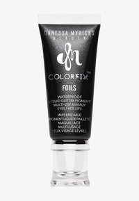Zwarte tube met een glanzende afwerking en zilveren accenten. Bevat vloeibare glitters voor ogen, gezicht en lippen. Waterdichte formule.