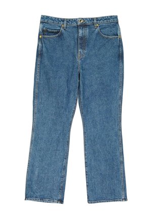 Blauwe rechte spijkerbroek met voorzakken, riemlussen en een knoopsluiting op een witte achtergrond.
