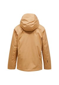 Giacca impermeabile beige con cappuccio spazioso, maniche lunghe e finitura liscia e opaca. Presenta dettagli cuciti e logo sulla manica sinistra.