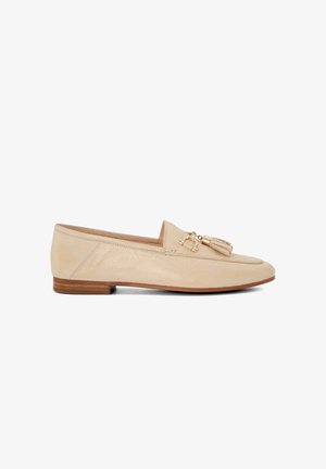 Beige leather loafers featuring a flat brown sole, a rounded toe, and a decorative tassel with a gold hardware accent.