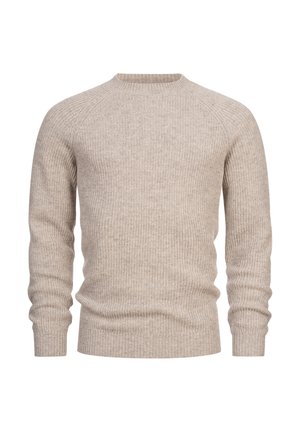 Beige ribbed knit sweater with a crew neckline, long sleeves, and a soft texture. Features a fitted silhouette and subtle detailing.