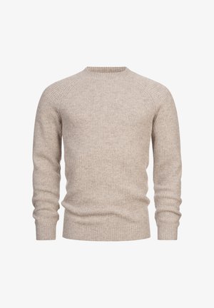 Maglione a coste beige con scollo a girocollo, maniche lunghe e una texture morbida. Presenta una silhouette aderente e dettagli sottili.