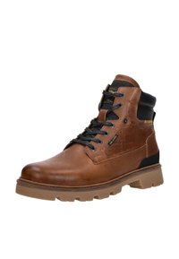 Brown leather ankle boot featuring black accents, lace-up design, textured tongue, and sturdy rubber sole with prominent tread pattern.