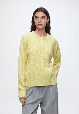 Femme aux longs cheveux foncés portant un cardigan boutonné en maille torsadée jaune pâle et un pantalon gris clair, se tenant devant un fond blanc uni.