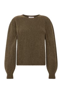 Olijfgroene, fluffy gebreide trui met een ronde halslijn, lange poffende mouwen en een relaxte pasvorm. Zachte textuur en minimale details.