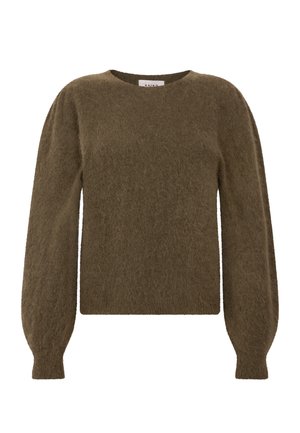 Olivgrüner, flauschiger Strickpullover mit Rundhalsausschnitt, langen Puffärmeln und lockerer Passform. Weicher Stoff und minimale Details.