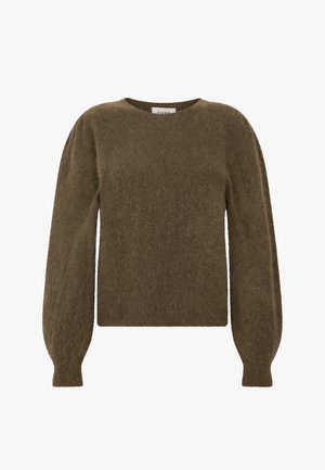 Olijfgroene, fluffy gebreide trui met een ronde halslijn, lange poffende mouwen en een relaxte pasvorm. Zachte textuur en minimale details.