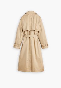 Trench coat beige con vita regolabile, maniche lunghe e design doppiopetto. Presenta una fessura posteriore e un colletto arrotondato.