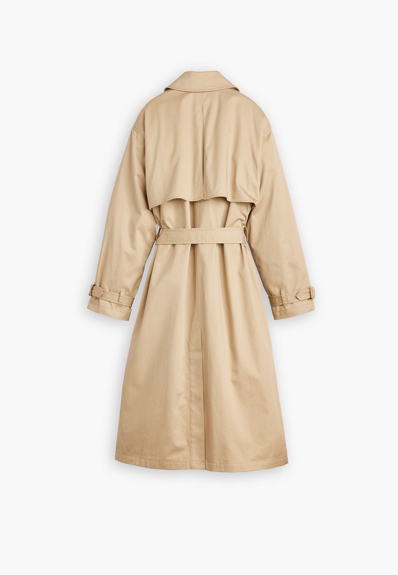 Beige Trenchcoat mit tailliertem Gürtel, langen Ärmeln und doppelter Knopfleiste. Mit einem Rückenventil und rundem Kragen.