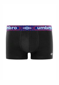 Boxers noirs avec une ceinture bleue et rouge à motifs portant la marque "Umbro". Confectionnés en matériau doux, avec une coupe ajustée.