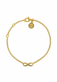 Pulsera de oro con un charm de símbolo de infinito, que presenta un diseño de cadena delicada y un cierre de langosta, acompañada de una pequeña etiqueta de marca.