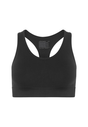 Sort seamless sports-bh med racerback-design og bred underbånd, lavet af elastisk, åndbart stof til atletisk brug.