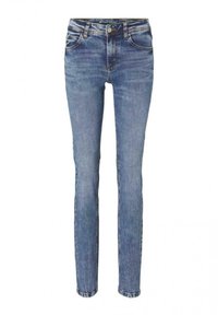 Jeans ajustados de denim azul, con una cinturilla oscura y diseño de cinco bolsillos, con costuras visibles y un cierre de cremallera clásico.