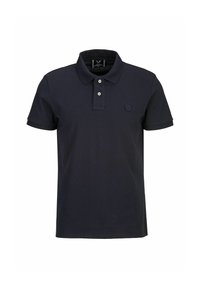 Marineblauwe polo met korte mouwen, twee-knops sluiting, ribgebreide kraag en een gestructureerde logopatch op de linkerborst. Zachte katoen stof.