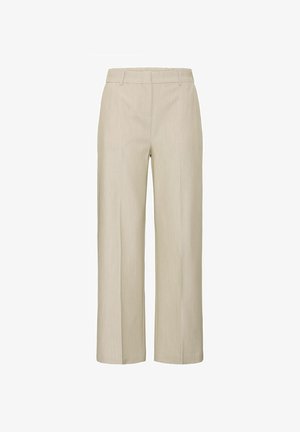 Beige wijde broek met een soepele, gestructureerde afwerking. Heeft een elastische tailleband en een minimalistisch design, ontworpen voor comfort en veelzijdigheid.