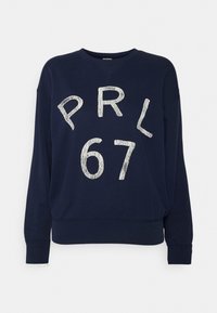 Navy blue sweatshirt with long sleeves, features white textured lettering "PRL 67" on the front, round neckline, and relaxed fit.