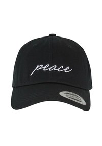 Fekete baseball sapka, állítható pánttal, az elején fehér hímzett felirattal "béke", pamut anyagból, ívelt karimával, egyszerű dizájnnal.