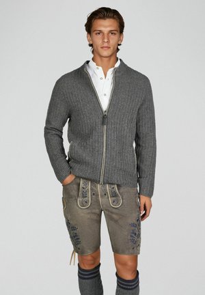 Jeune homme portant un pull en maille gris à fermeture éclair, une chemise blanche boutonnée, un short en cuir brodé et des chaussettes montantes, debout devant un fond uni.