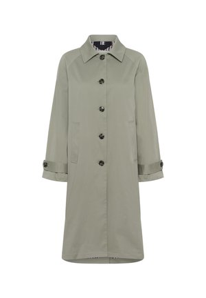 Light green trench coat with a collar, front buttons, and side pockets. Features roll-up sleeves with button accents and a patterned interior lining.