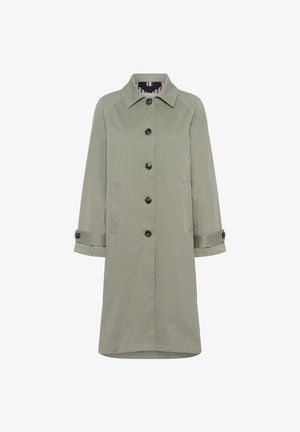 Light green trench coat with a collar, front buttons, and side pockets. Features roll-up sleeves with button accents and a patterned interior lining.