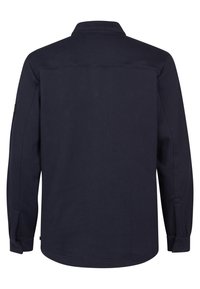 Donkerblauwe longsleeve shirt met kraag, textuurstof, knoopmanchetten en een rechte zoom, met minimalistische stiksels en een schoon ontwerp.