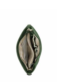 Zelená kožená taška s několika přihrádkami a zapínáním na zip. Vnitřek s květinovým vzorem a síťovanými kapsami pro organizaci.