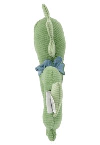 Green plush toy shaped like a pea pod, made of textured corduroy fabric, with a blue fabric accent at the base and a small tail at the top.
