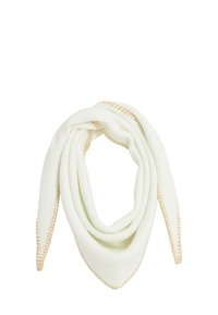 Bufanda verde claro con forma triangular, con una costura beige contraria a lo largo de los bordes para añadir detalle y textura.