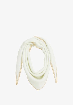 Écharpe vert clair de forme triangulaire, présentant une couture beige contrastante le long des bords pour un détail et une texture supplémentaires.