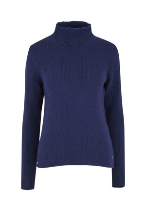Navyblauer, gerippter Strickpullover mit Rollkragen und langen Ärmeln; zeichnet sich durch ein figurnahes Design und dezente Seitenschlitze am Saum für mehr Bewegungsfreiheit aus.