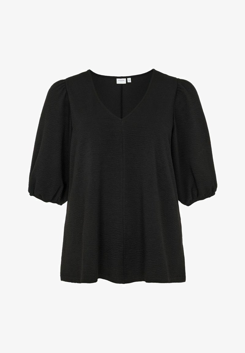 Blouse noire texturée avec un col en V et des manches courtes bouffantes resserrées aux poignets.