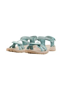 Blue and aqua open-toe sandals with adjustable straps, textured fabric upper, and cushioned soles. Rubber outsole for grip.
