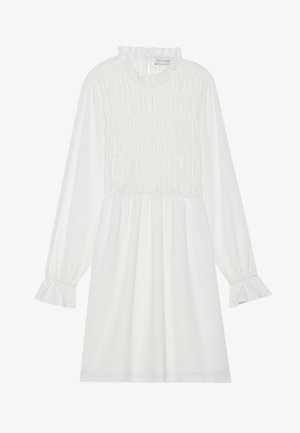 Weißes Kleid mit langen Ärmeln, einem Rüschkragen, einem gerafften Oberteil und flared Manschetten. Texturiertes Material mit einem dezenten Muster.