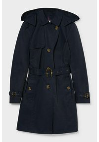 Trench-coat bleu marine avec une taille ceinturée, un grand col et deux poches sur le devant. Doté de boutons dorés et de poignets réglables. Tissu imperméable.