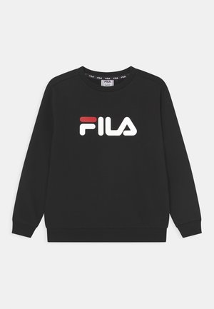 Sweat-shirt noir à col rond avec manches longues, avec un grand logo FILA blanc et rouge sur la poitrine.