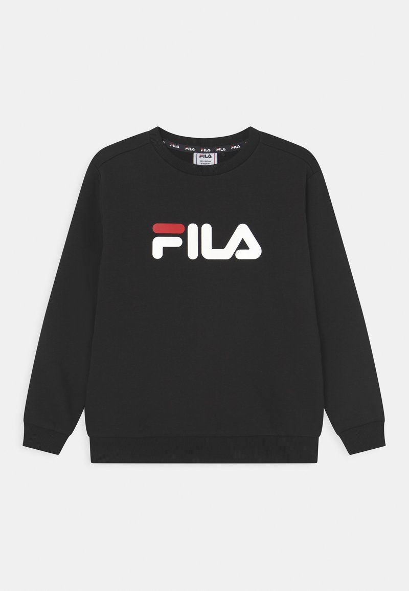 Sweat-shirt noir à col rond avec manches longues, avec un grand logo FILA blanc et rouge sur la poitrine.